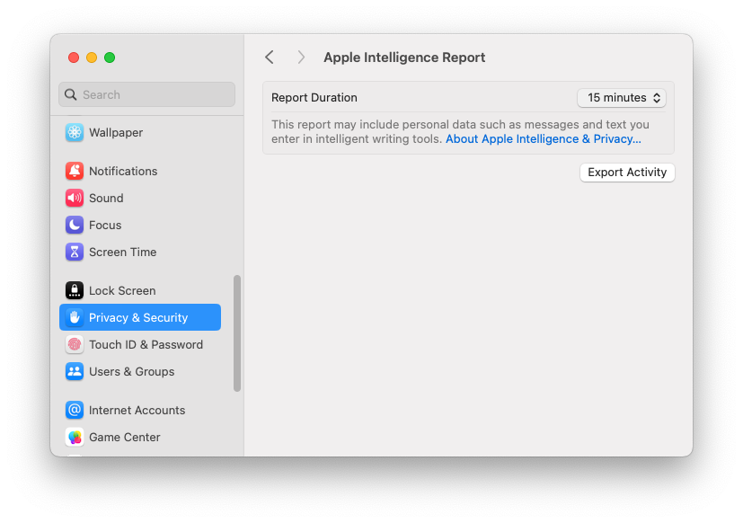 System Settings on macOS, showing the “Apple Intelligence Report” section of the Privacy & Security settings